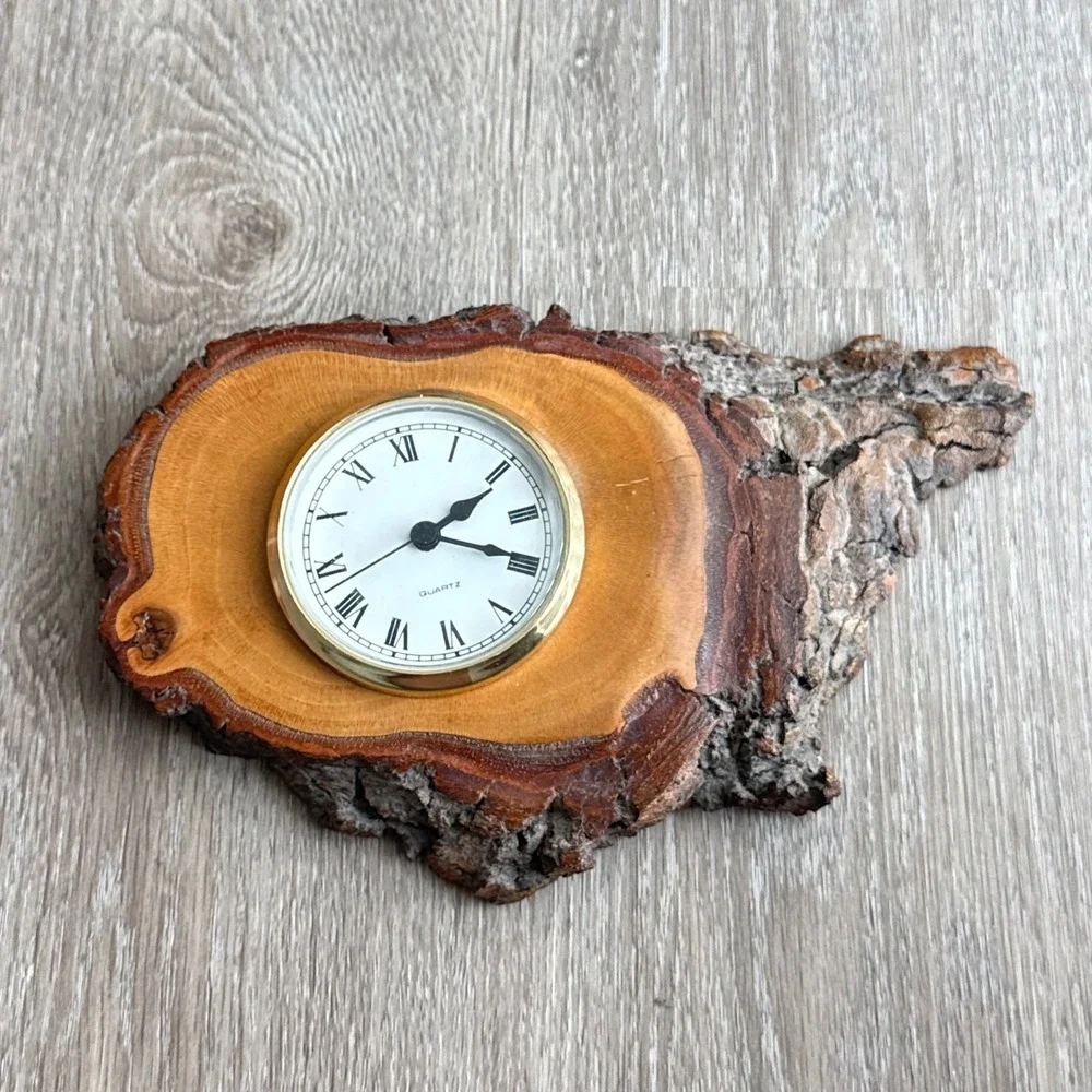 Vintage Live Edge Wood Slab Desk Clock Rustic Bark Quartz Roman Numerals USA